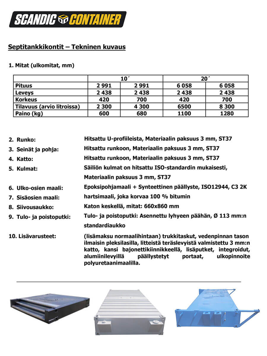 8'-30' septitankkikontti tekninen kuvaus Septic tank container technical information